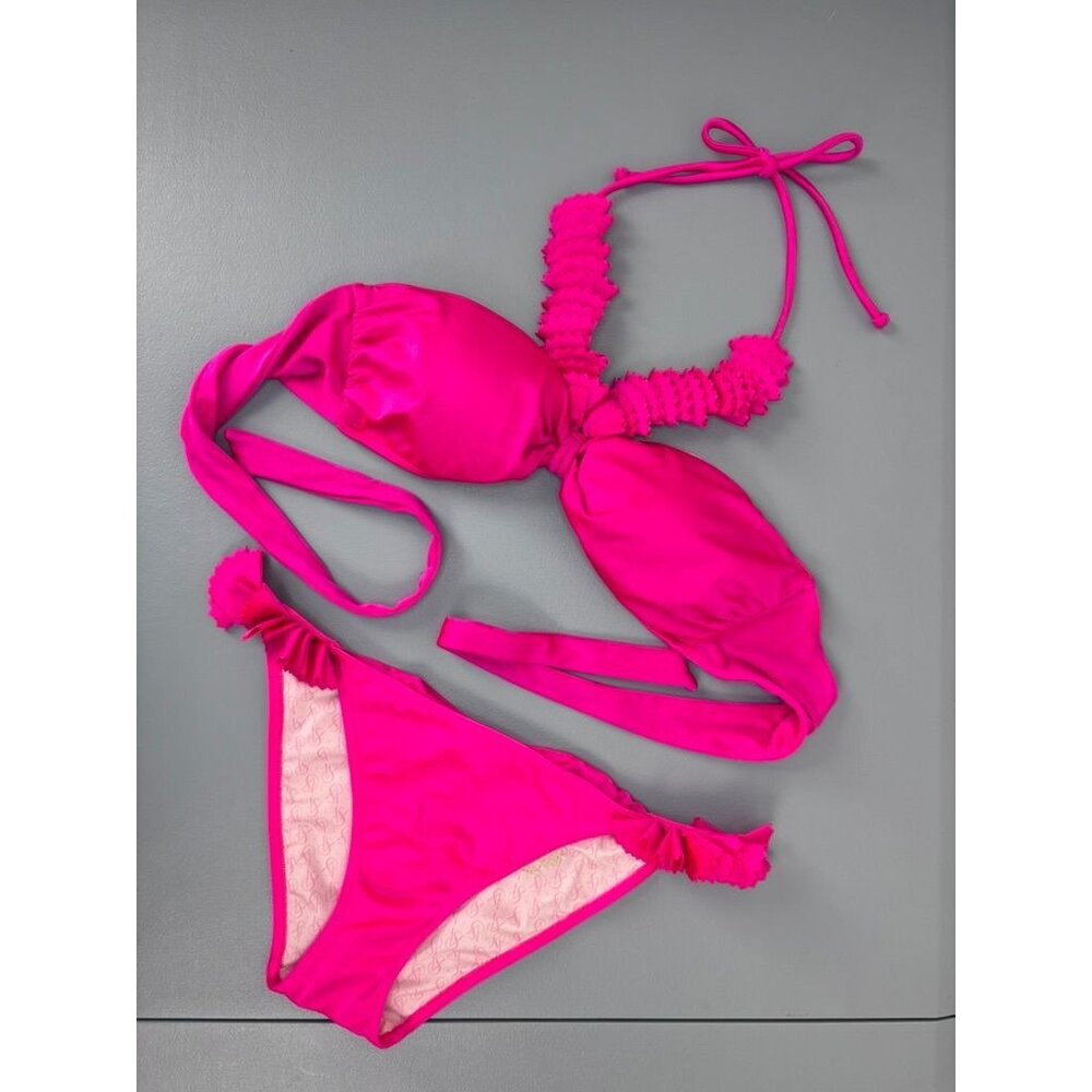 Victoria's Secret women's small hot pink halter tie ruffle bikini set‎ bandeau